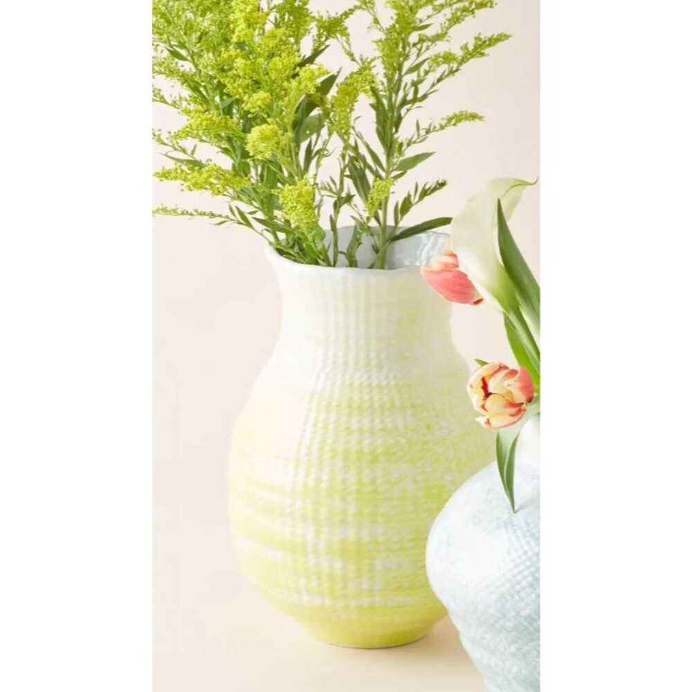 Anthropologie Yellow White Fern Botanical Relief Stoneware Vase Tall